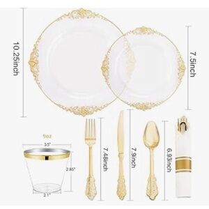 Clear Gold Plastic Plates - Disposable Gold Party Plates & Pre Rolled Napkins